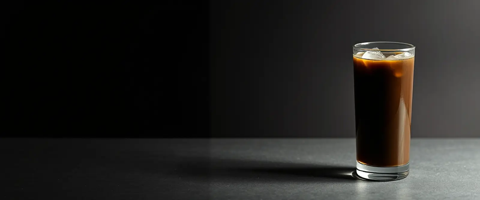 A tall glass of very dark iced coffee on a counter, beaded with condensation.