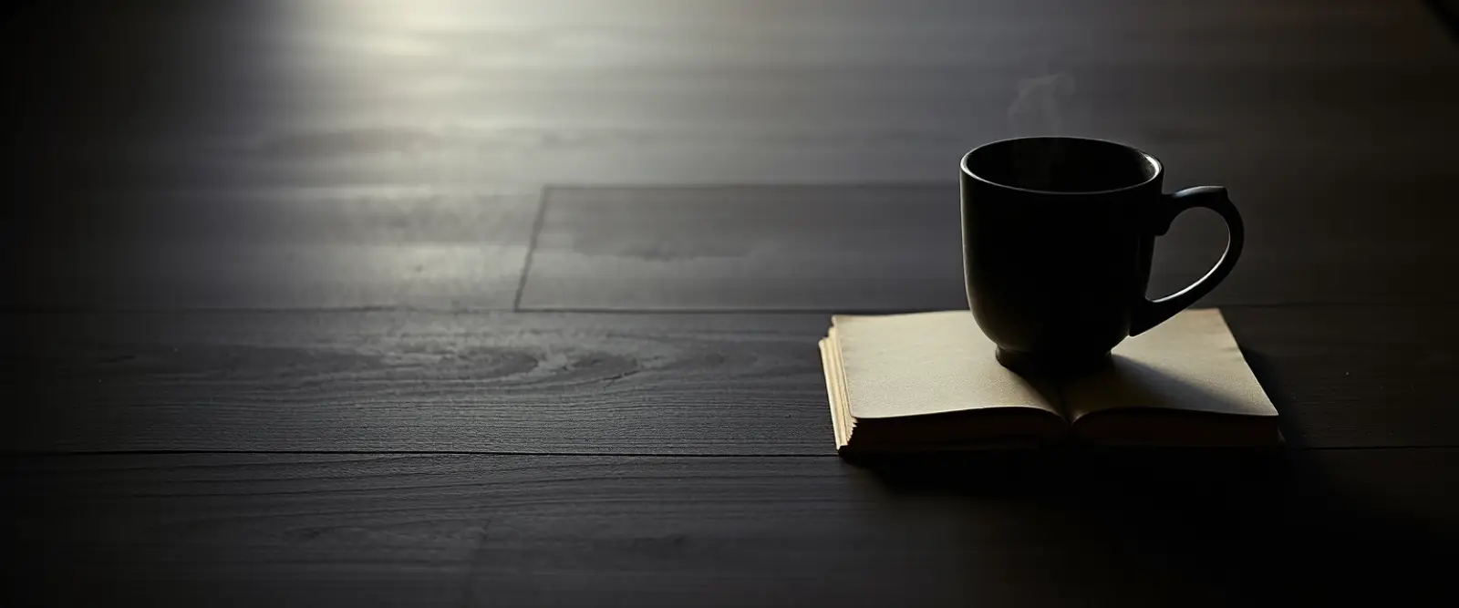 An untouched cup of coffee at the edge of a wide empty table beside a closed notebook.