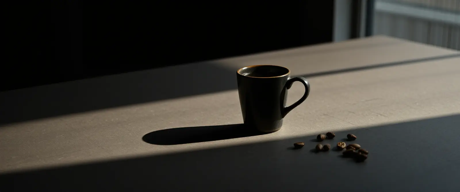 A single dark ceramic cup of black coffee on a wide table in a dim room.