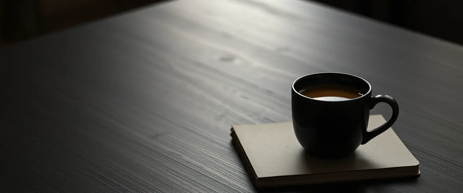 An untouched cup of coffee at the edge of a wide empty table beside a closed notebook.