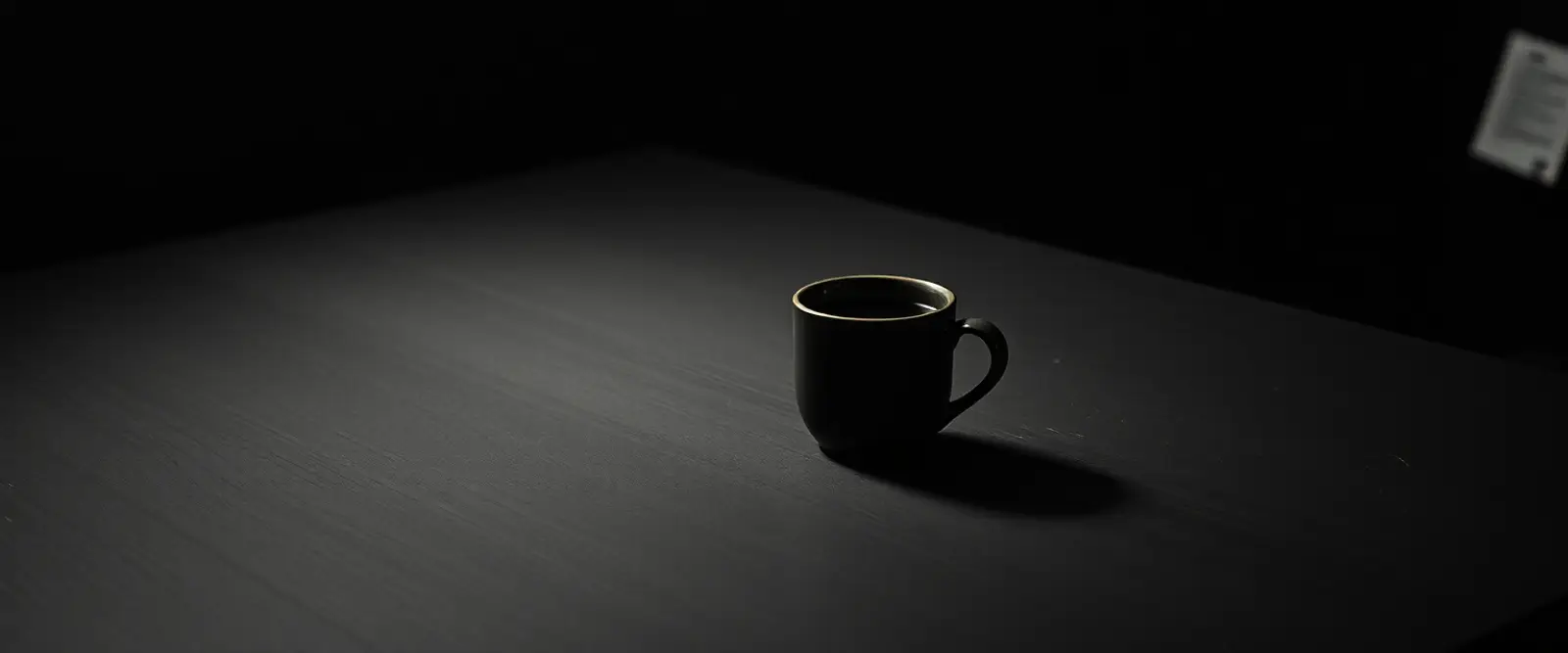 A single dark ceramic cup of black coffee on a wide table in a dim room.
