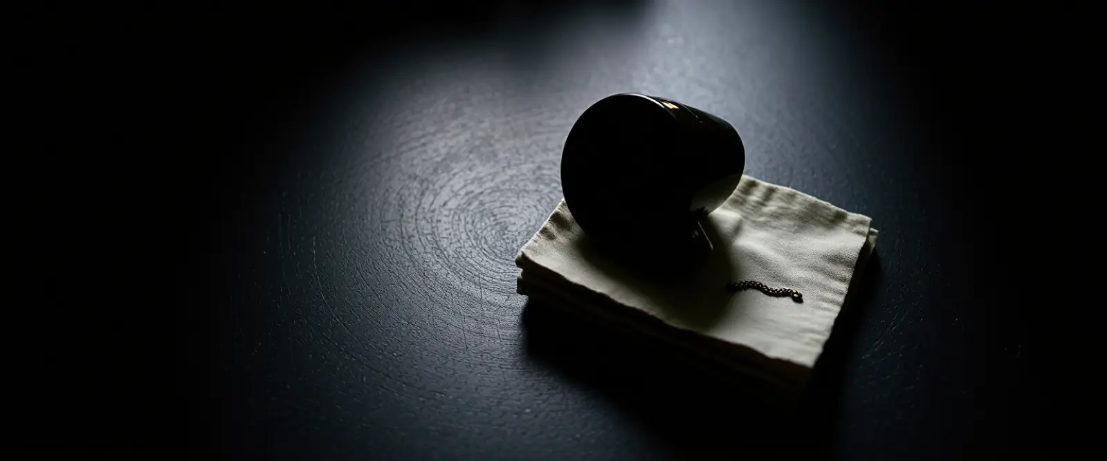 An empty dark cup turned upside down on a folded linen cloth, a dry ring on the wood beside it.