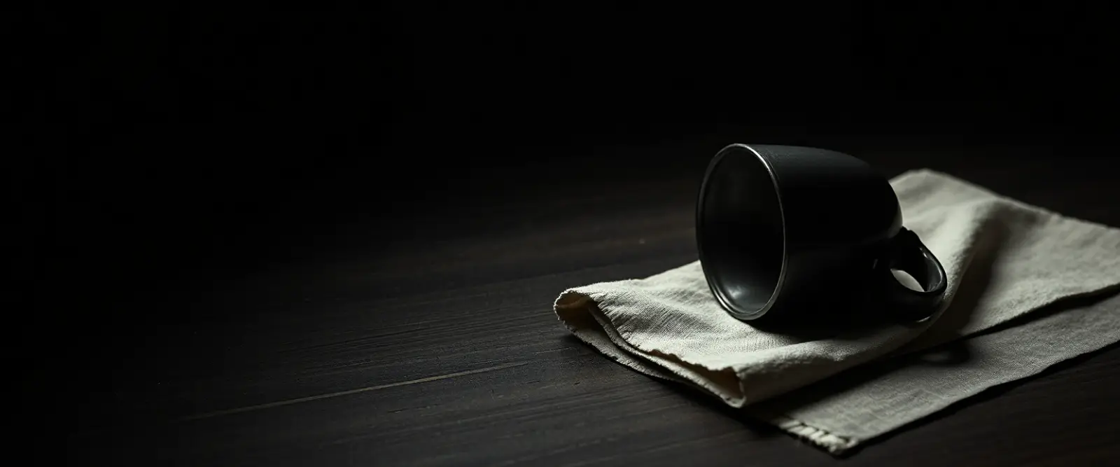 An empty dark cup turned upside down on a folded linen cloth, a dry ring on the wood beside it.