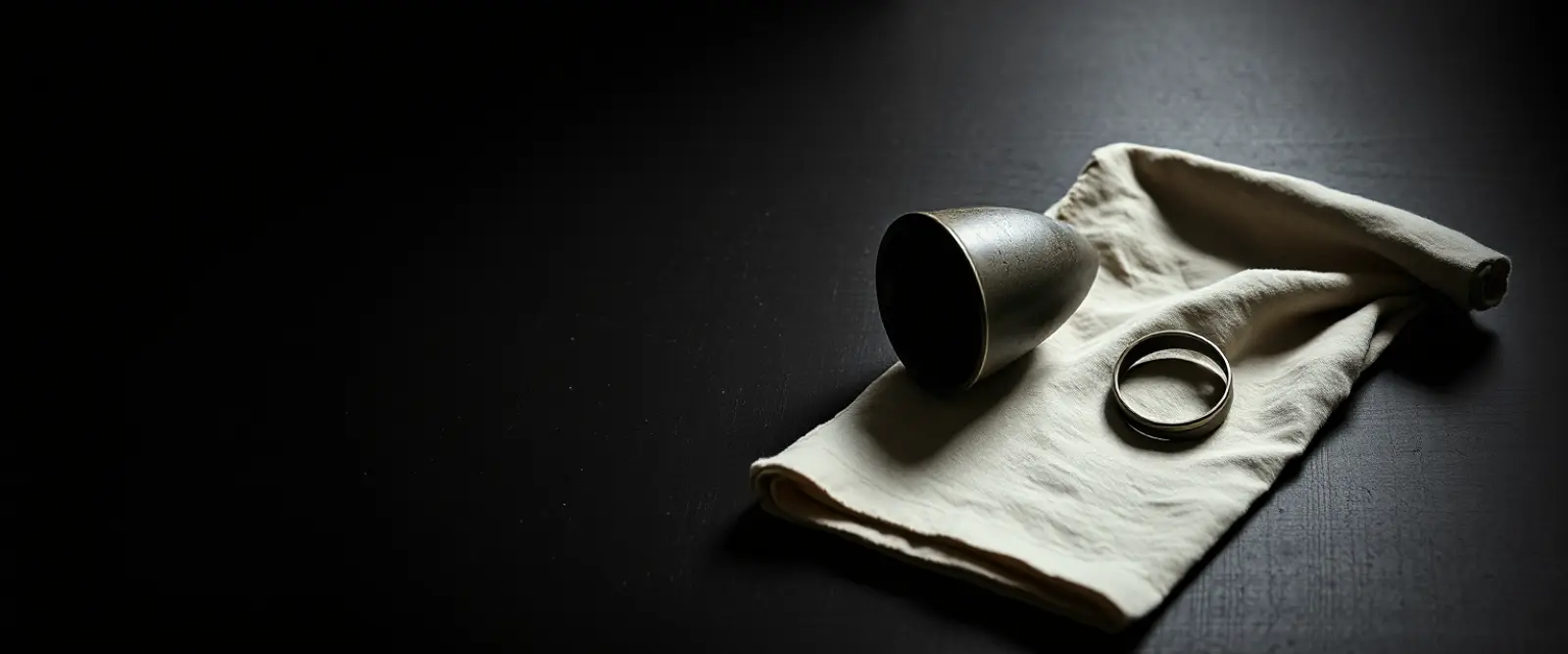 An empty dark cup turned upside down on a folded linen cloth, a dry ring on the wood beside it.