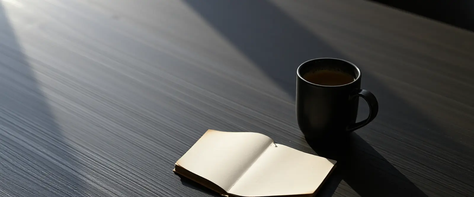 An untouched cup of coffee at the edge of a wide empty table beside a closed notebook.