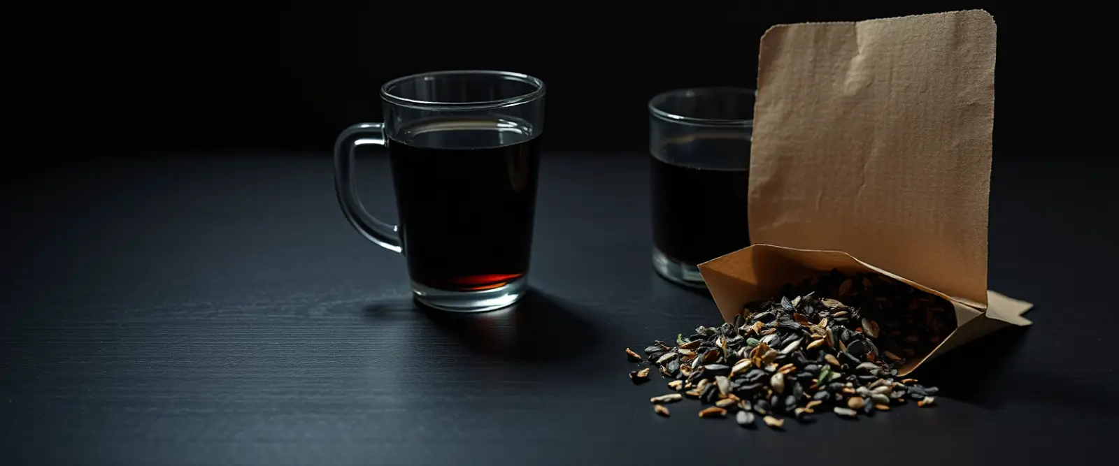 An open paper packet of loose-leaf tea spilling onto a dark table, a glass of brewed tea behind it.