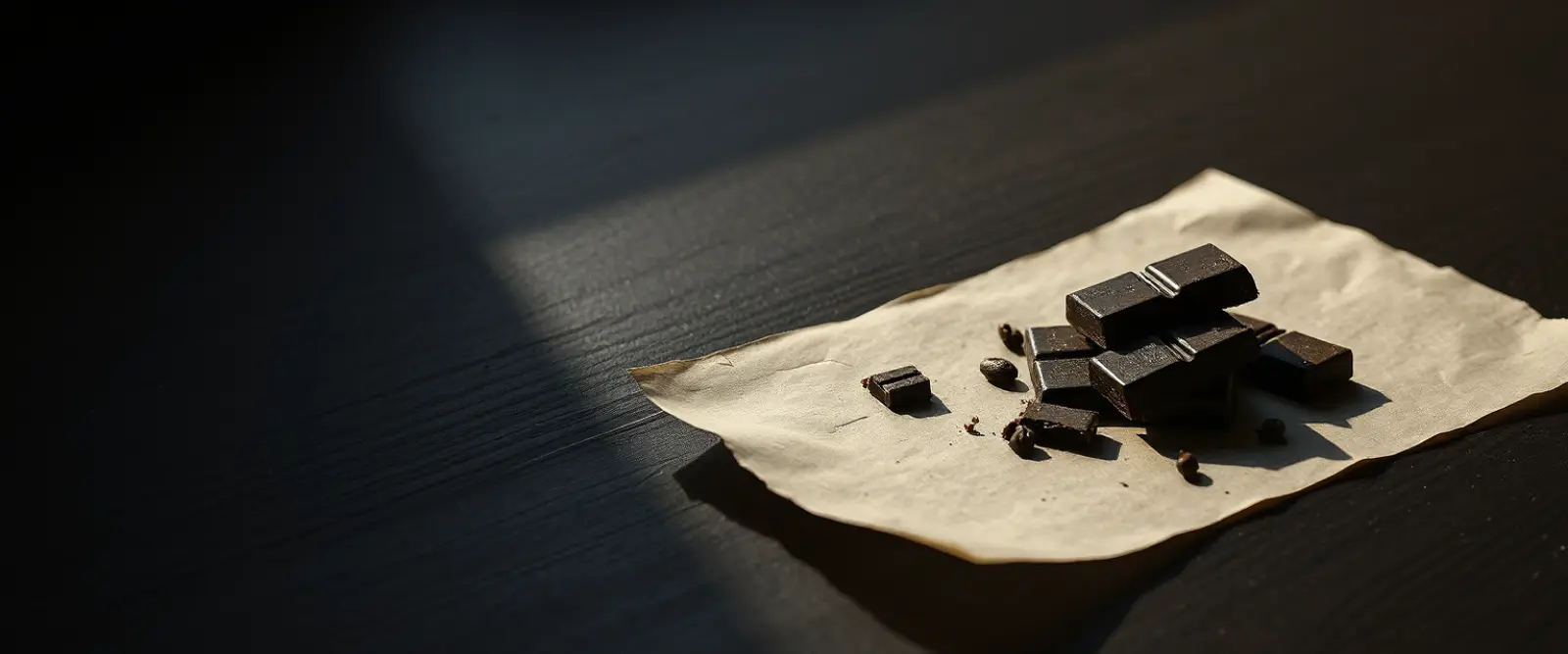 A bar of very dark chocolate broken into pieces on a sheet of matte paper.