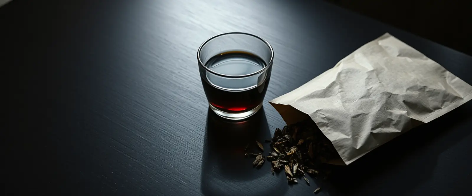 An open paper packet of loose-leaf tea spilling onto a dark table, a glass of brewed tea behind it.