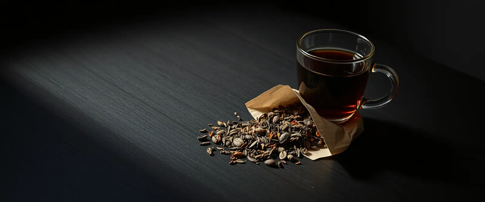 An open paper packet of loose-leaf tea spilling onto a dark table, a glass of brewed tea behind it.