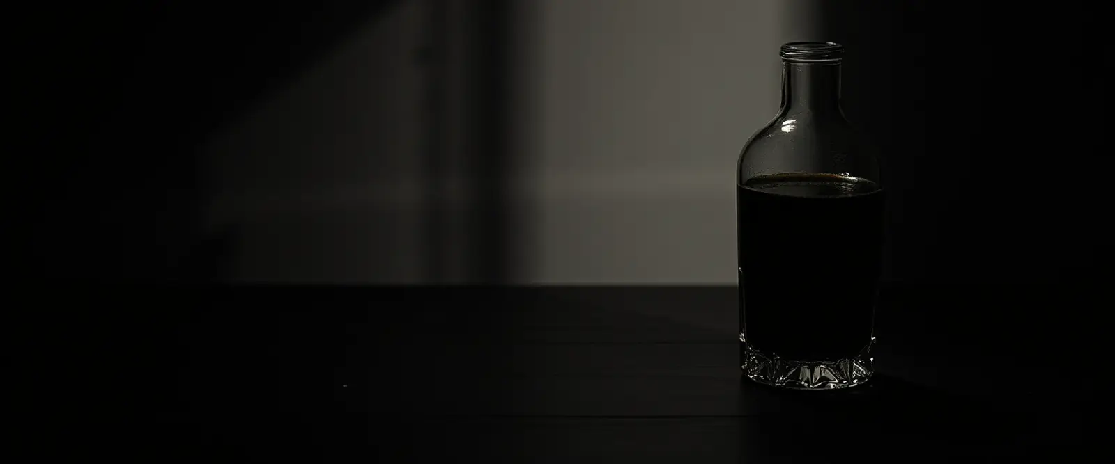 An unlabelled glass bottle and a cut-glass tumbler of a very dark drink.