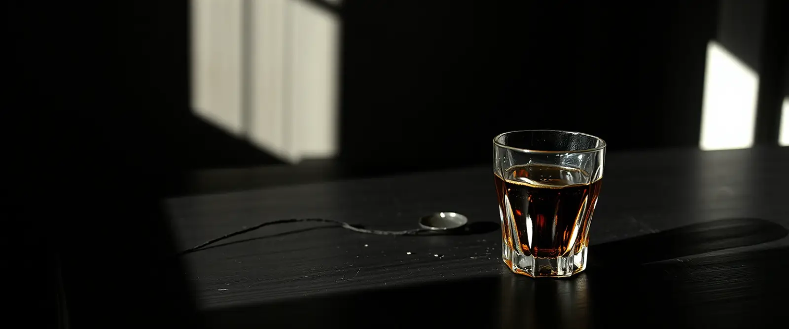 An unlabelled glass bottle and a cut-glass tumbler of a very dark drink.