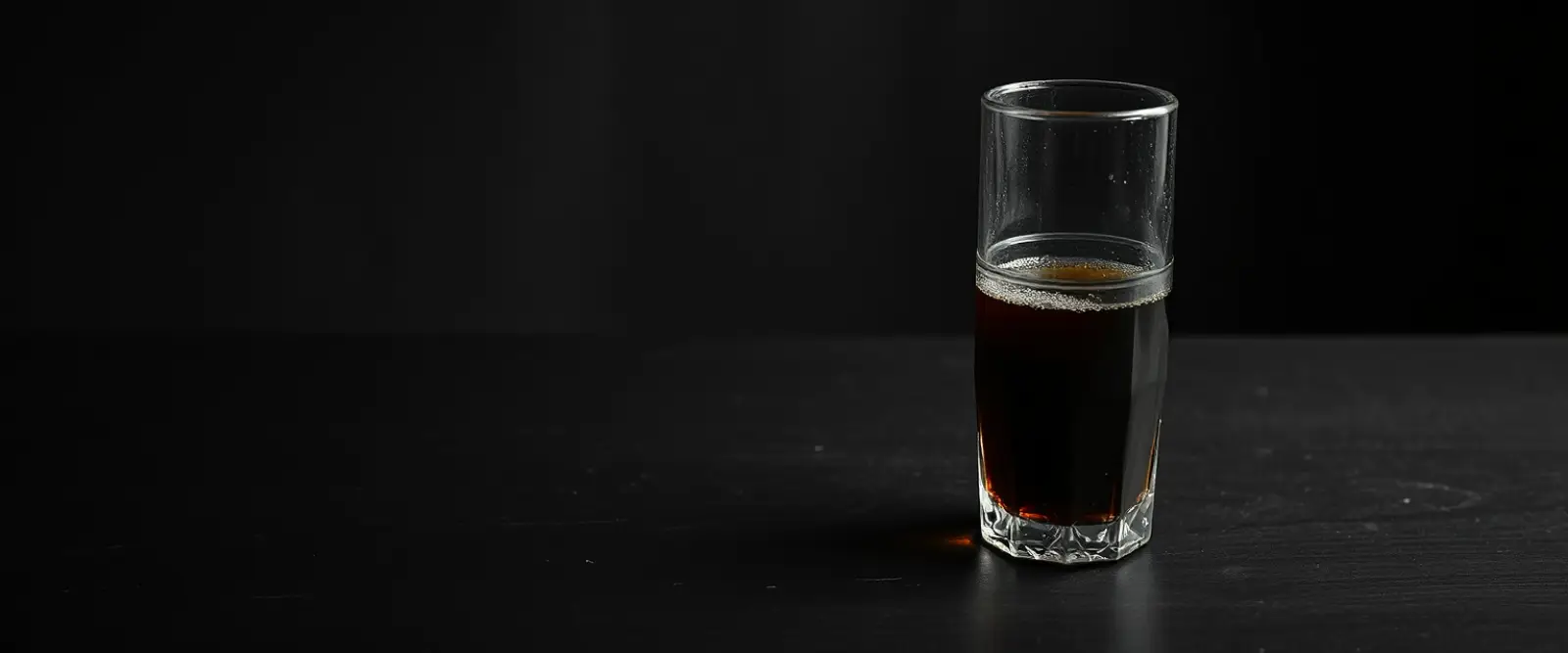 An unlabelled glass bottle and a cut-glass tumbler of a very dark drink.