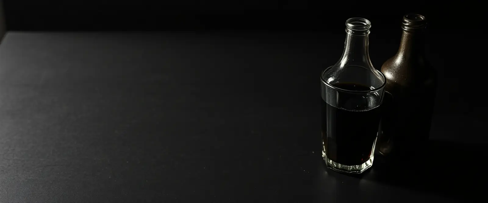 An unlabelled glass bottle and a cut-glass tumbler of a very dark drink.