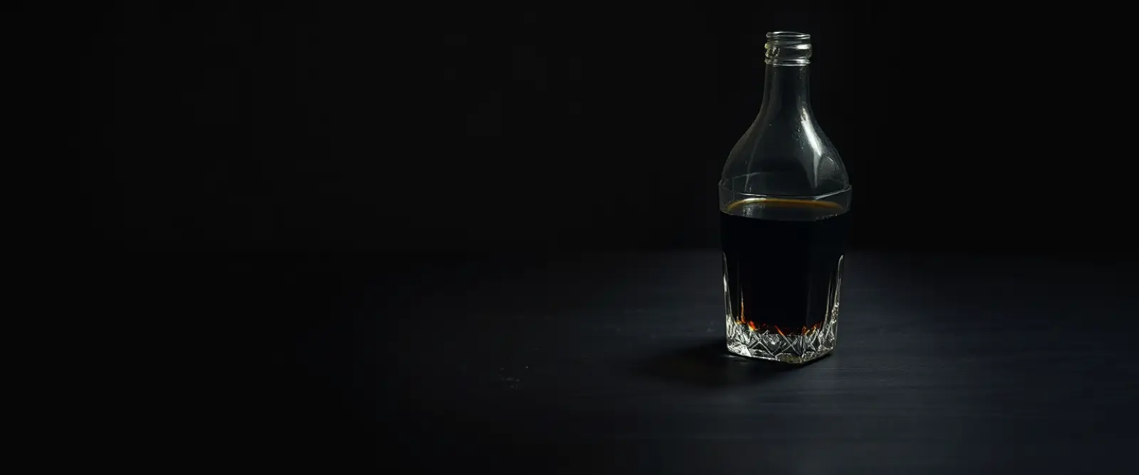 An unlabelled glass bottle and a cut-glass tumbler of a very dark drink.
