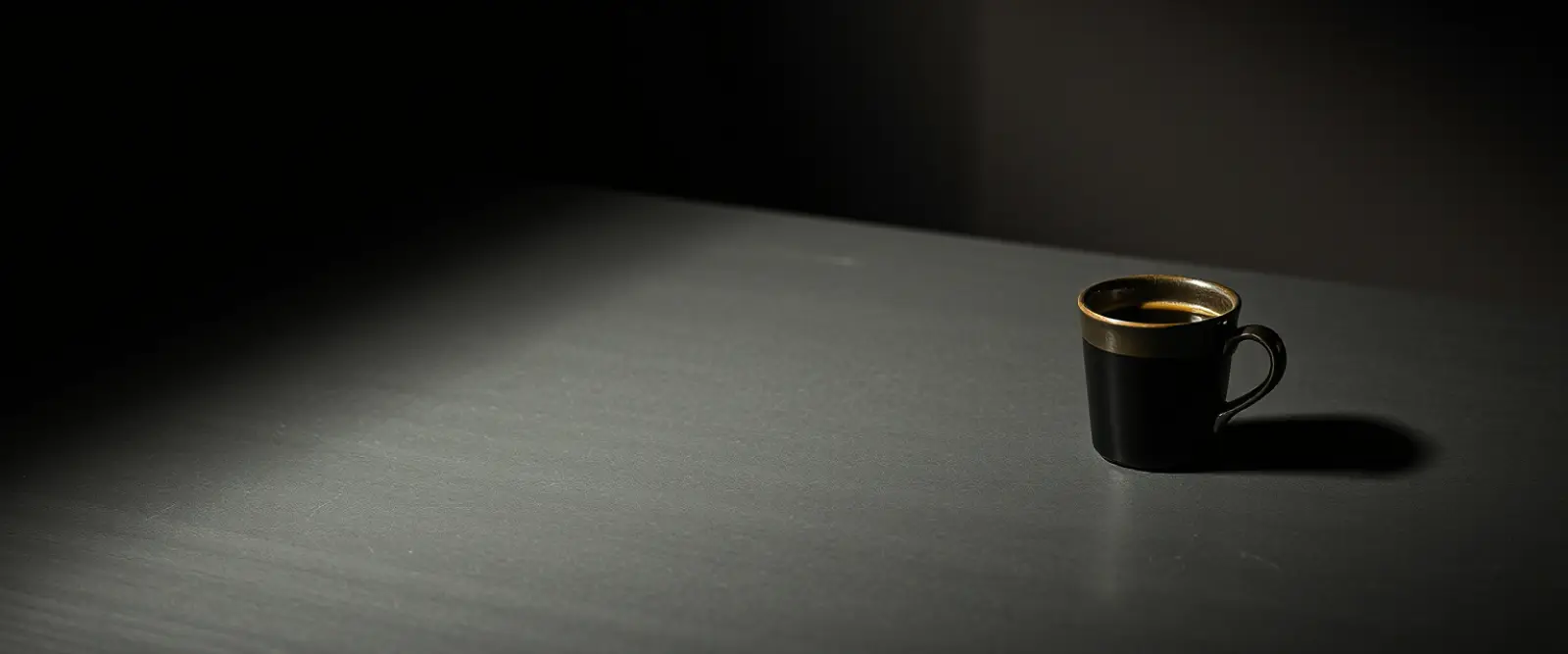 A single dark ceramic cup of black coffee on a wide table in a dim room.
