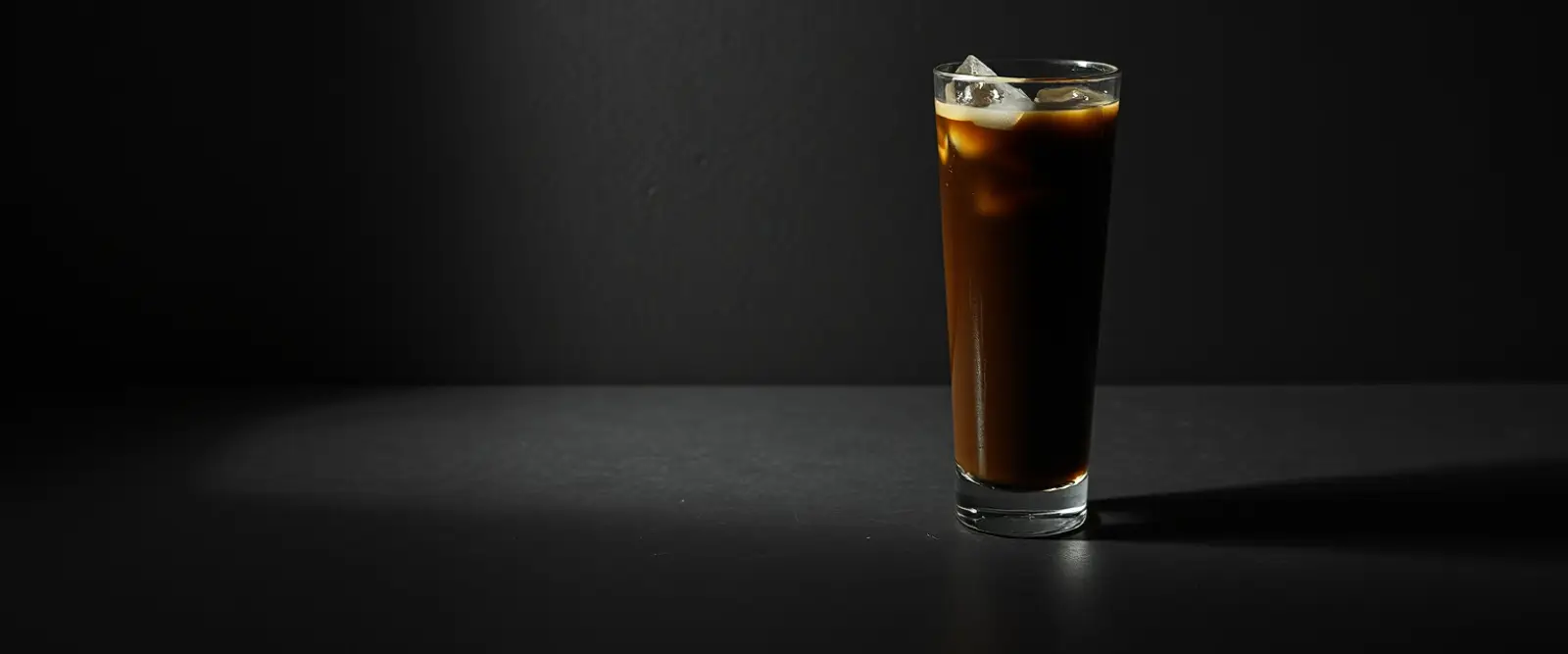 A tall glass of very dark iced coffee on a counter, beaded with condensation.