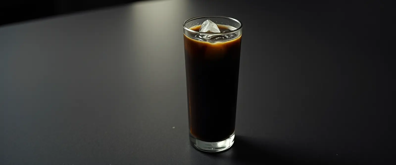 A tall glass of very dark iced coffee on a counter, beaded with condensation.