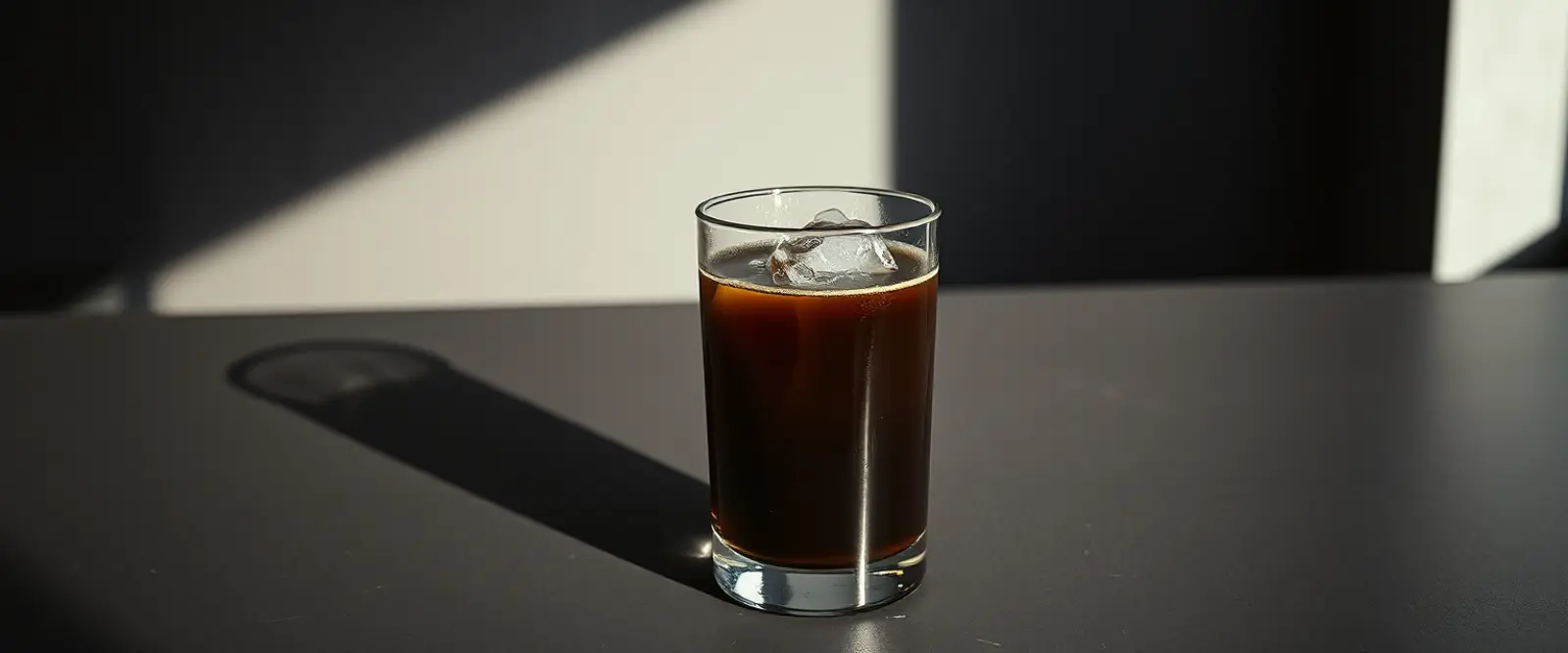 A tall glass of very dark iced coffee on a counter, beaded with condensation.