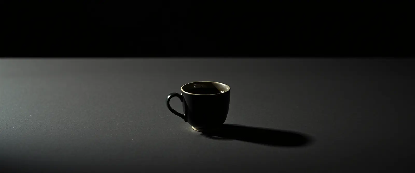 A single dark ceramic cup of black coffee on a wide table in a dim room.