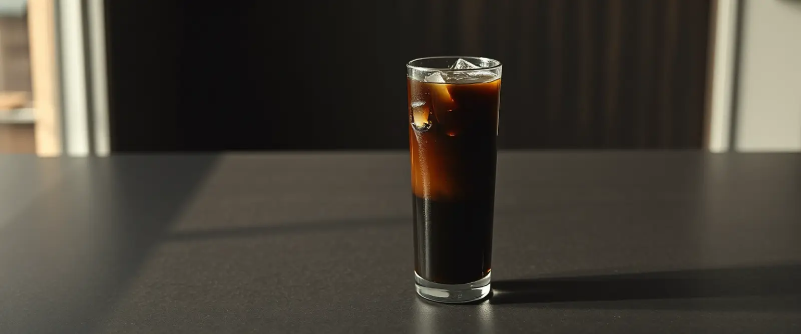 A tall glass of very dark iced coffee on a counter, beaded with condensation.