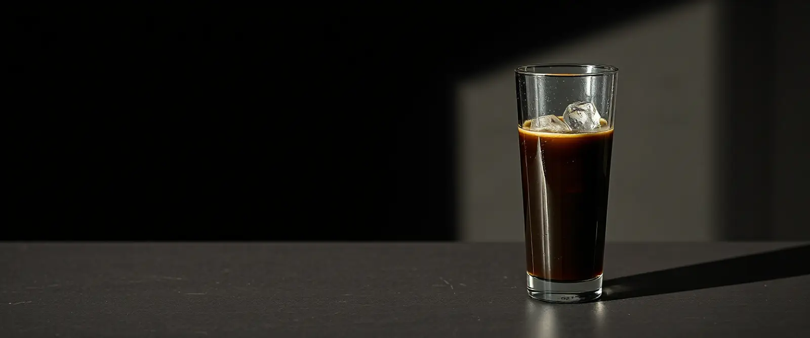 A tall glass of very dark iced coffee on a counter, beaded with condensation.