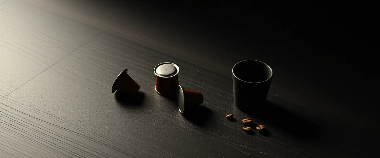 Three coffee capsules and a small dark cup on a table, lit from one side.