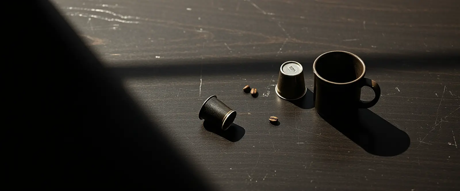 Three coffee capsules and a small dark cup on a table, lit from one side.