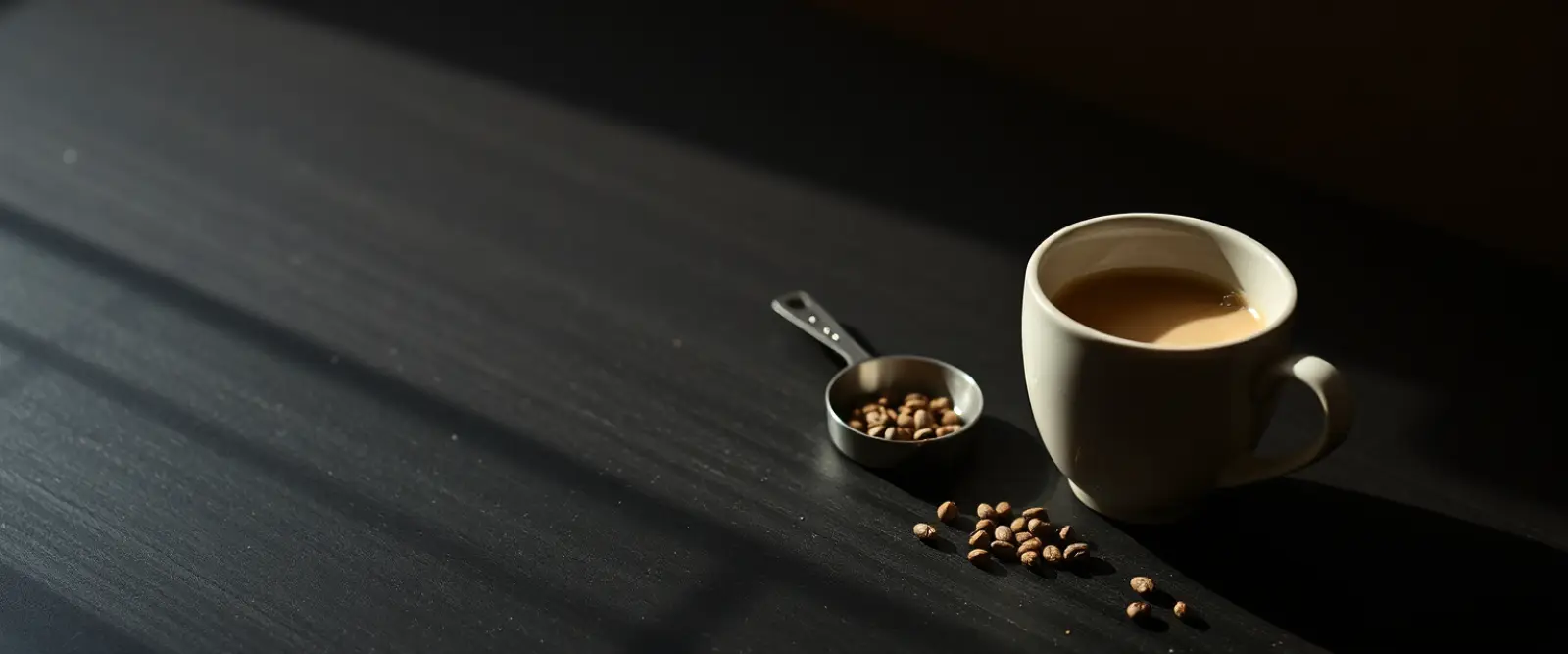 A wide ceramic cup beside a small dish of whole spices and a strainer.