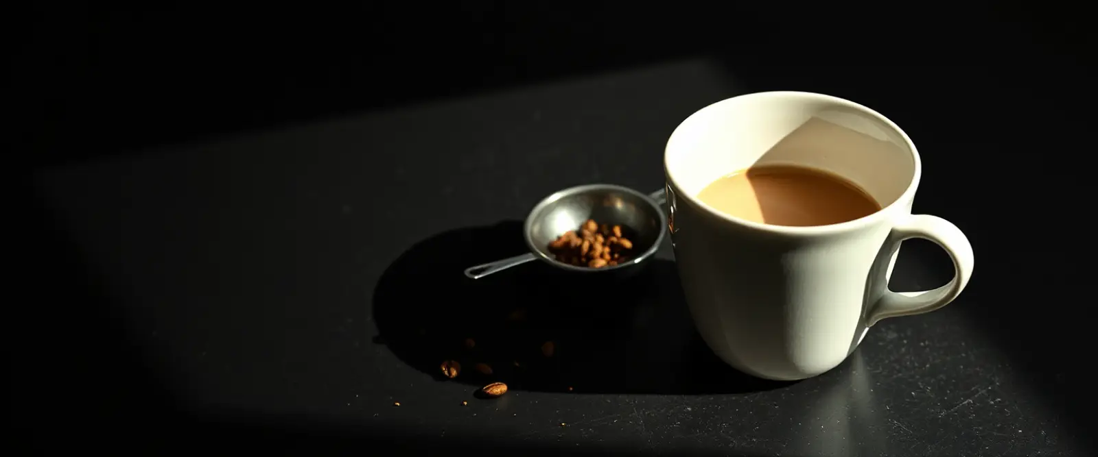 A wide ceramic cup beside a small dish of whole spices and a strainer.