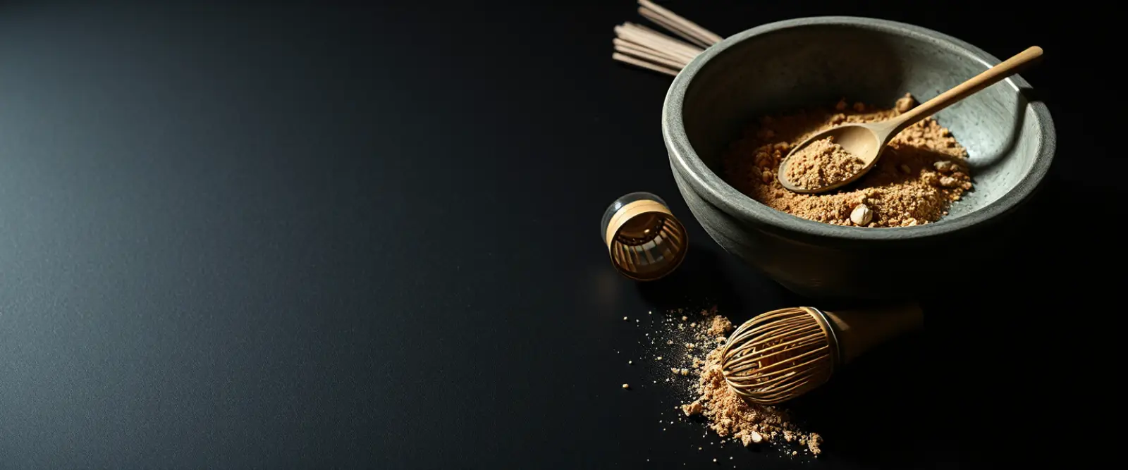 A wide stone bowl of fine tea powder with a bamboo whisk lying beside it.