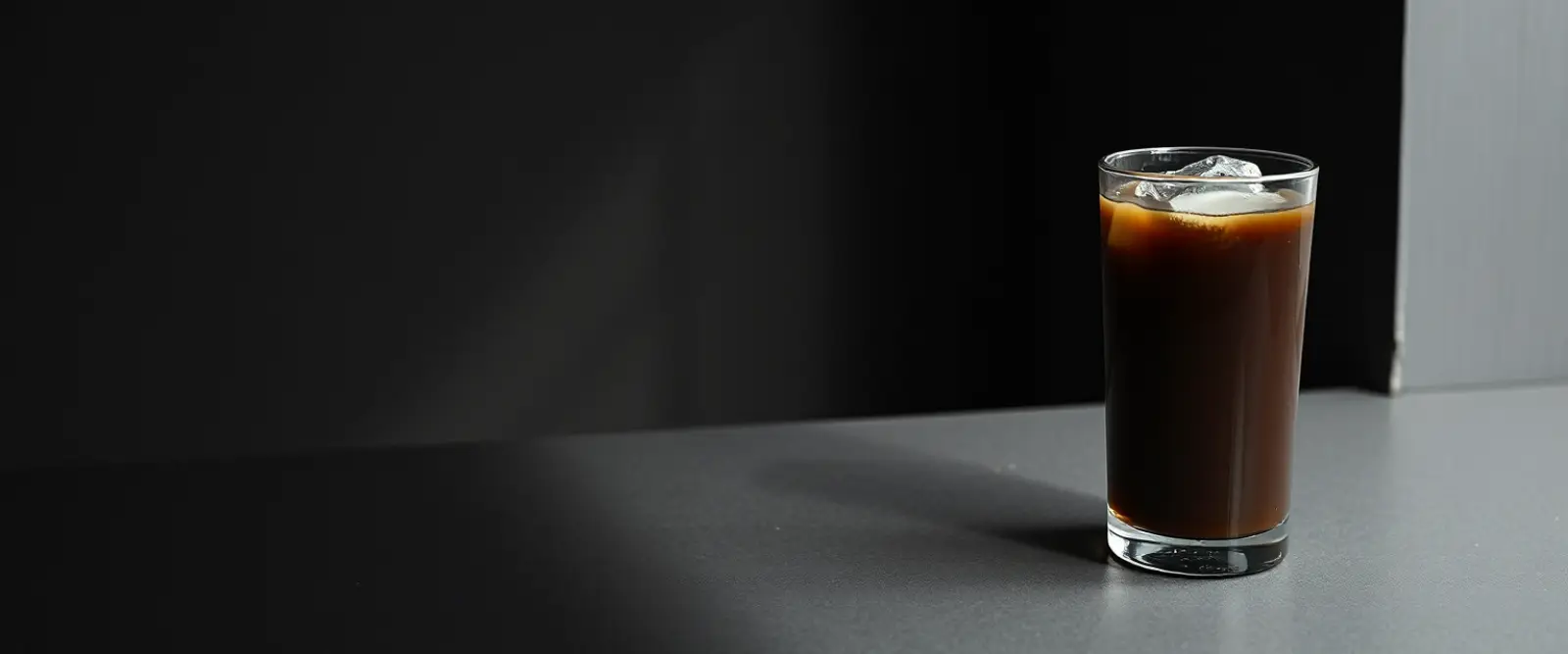 A tall glass of very dark iced coffee on a counter, beaded with condensation.
