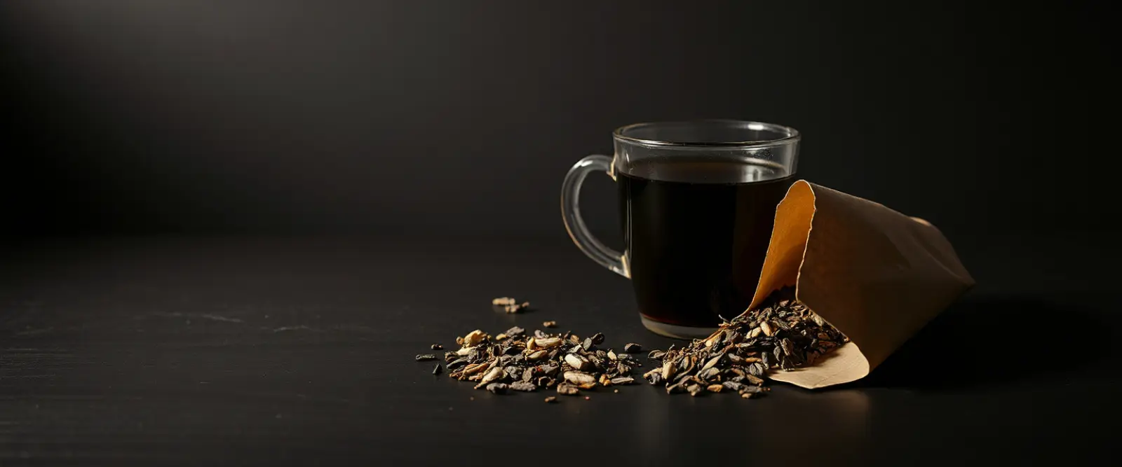 An open paper packet of loose-leaf tea spilling onto a dark table, a glass of brewed tea behind it.