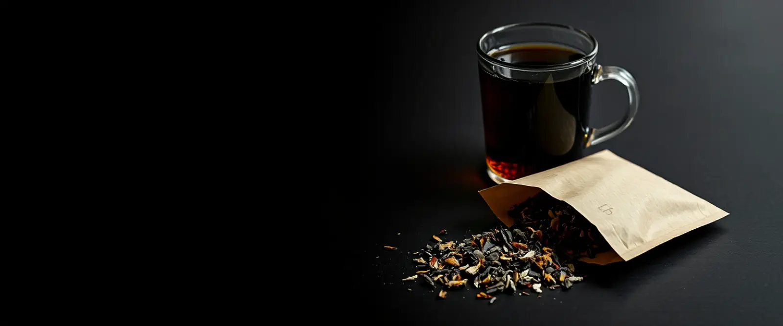 An open paper packet of loose-leaf tea spilling onto a dark table, a glass of brewed tea behind it.