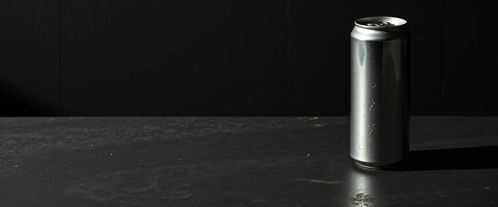 A plain unlabelled aluminium can on a dark concrete surface, its shadow long across the frame.