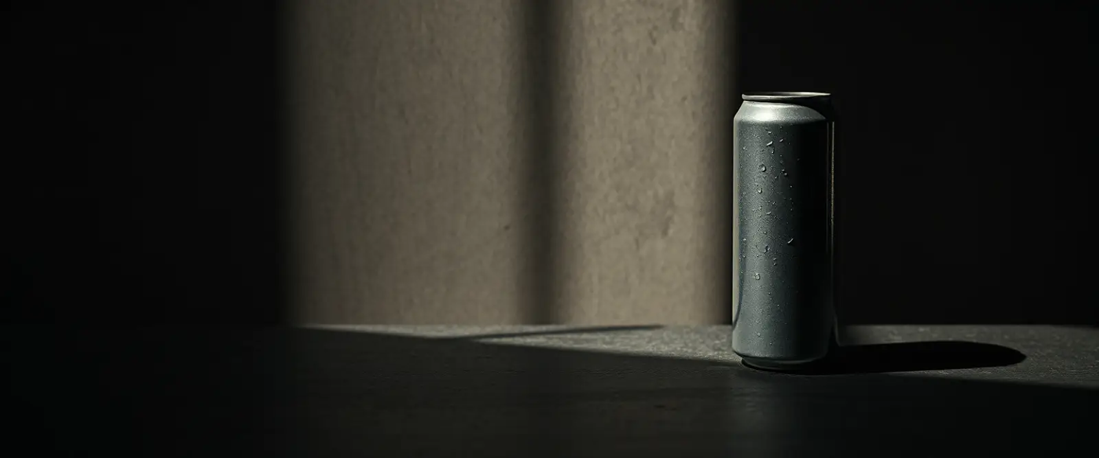 A plain unlabelled aluminium can on a dark concrete surface, its shadow long across the frame.