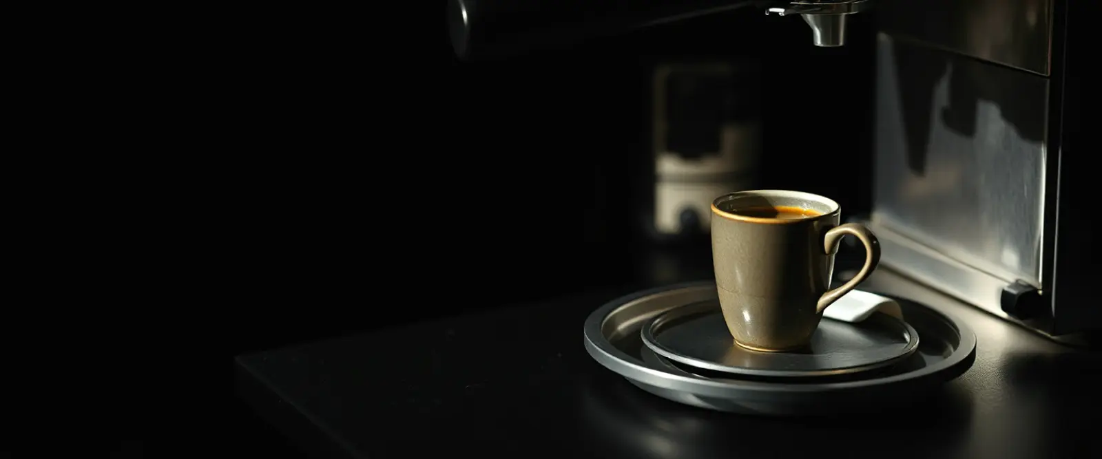 A small espresso cup on a steel tray beside a bare portafilter.