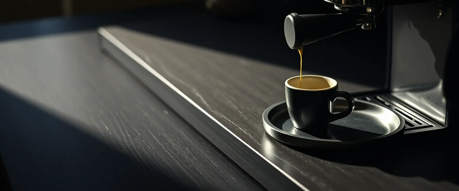 A small espresso cup on a steel tray beside a bare portafilter.