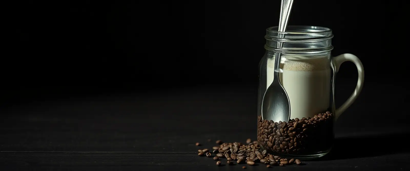 An open glass jar of dark coffee granules with a steel spoon standing in it.