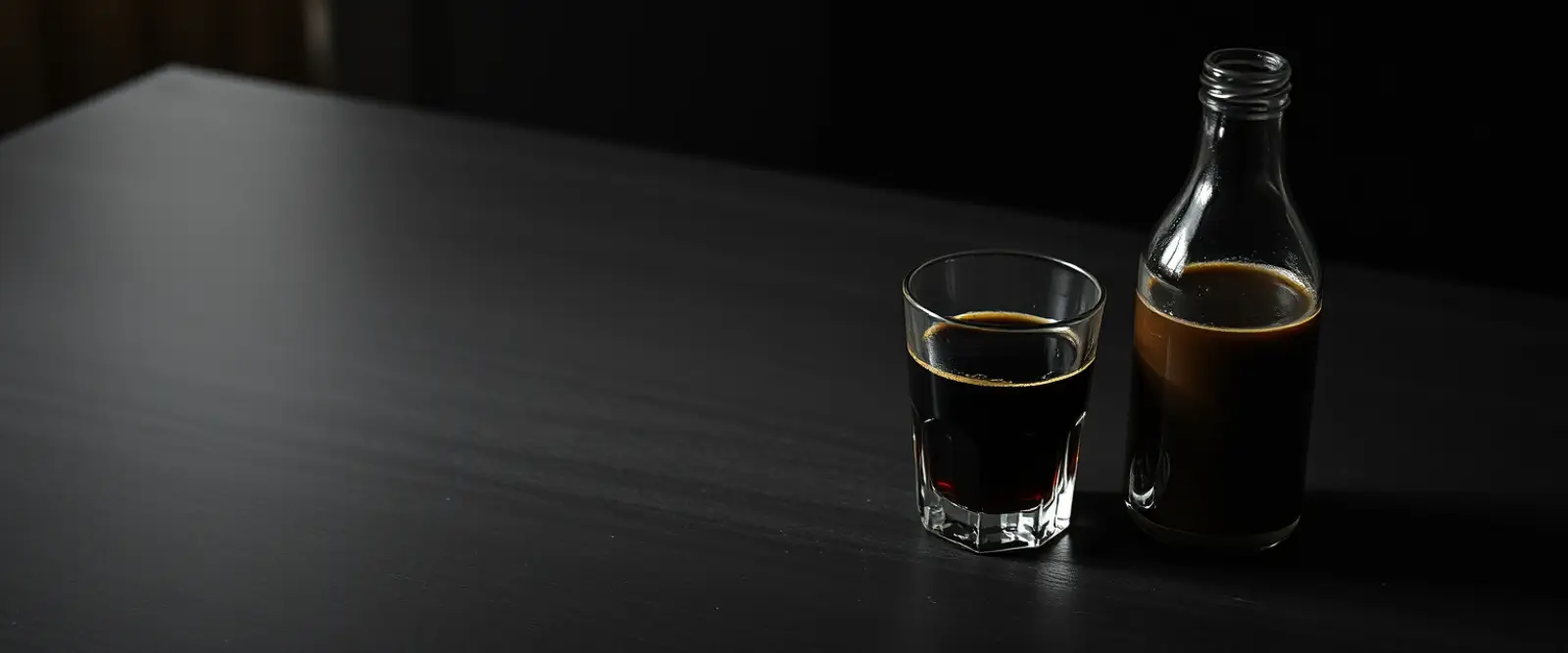 An unlabelled glass bottle and a cut-glass tumbler of a very dark drink.