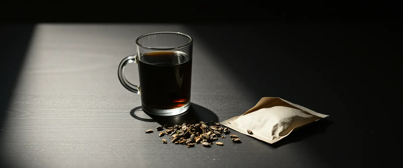An open paper packet of loose-leaf tea spilling onto a dark table, a glass of brewed tea behind it.