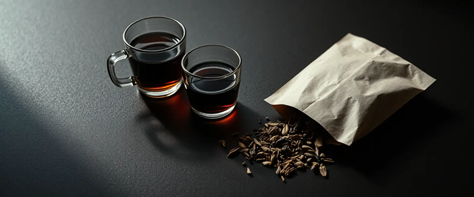 An open paper packet of loose-leaf tea spilling onto a dark table, a glass of brewed tea behind it.