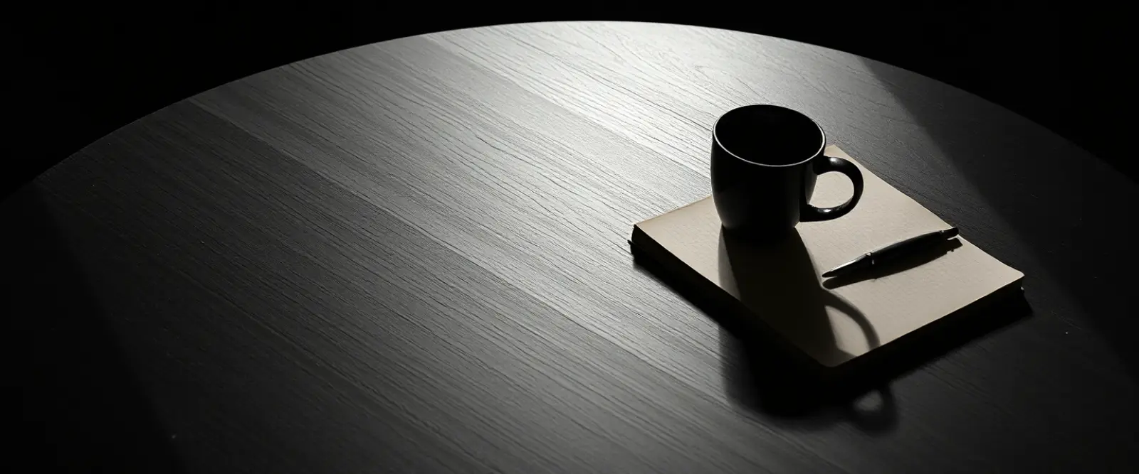 An untouched cup of coffee at the edge of a wide empty table beside a closed notebook.