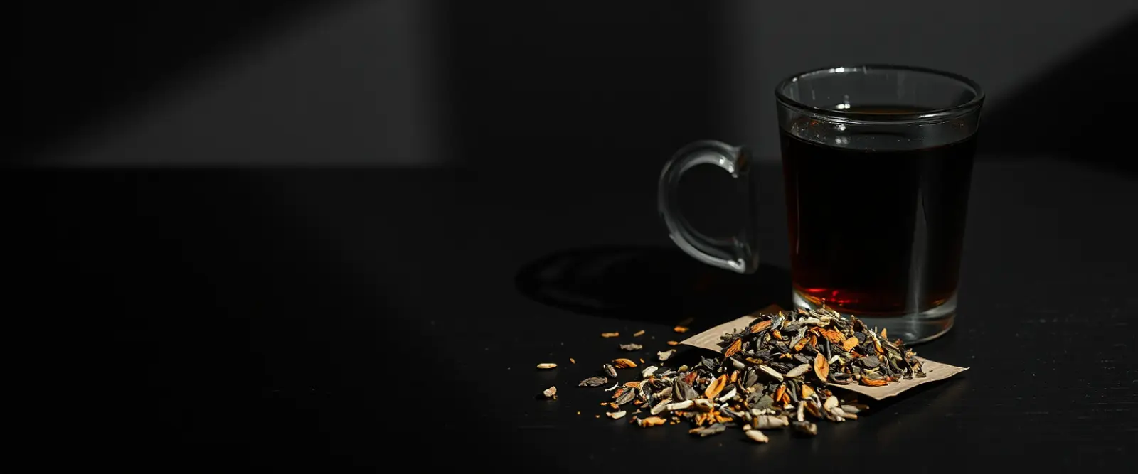 An open paper packet of loose-leaf tea spilling onto a dark table, a glass of brewed tea behind it.