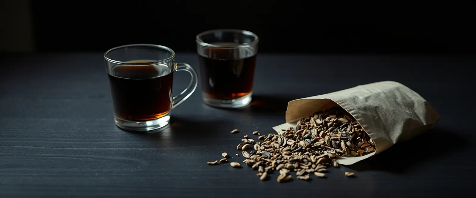 An open paper packet of loose-leaf tea spilling onto a dark table, a glass of brewed tea behind it.