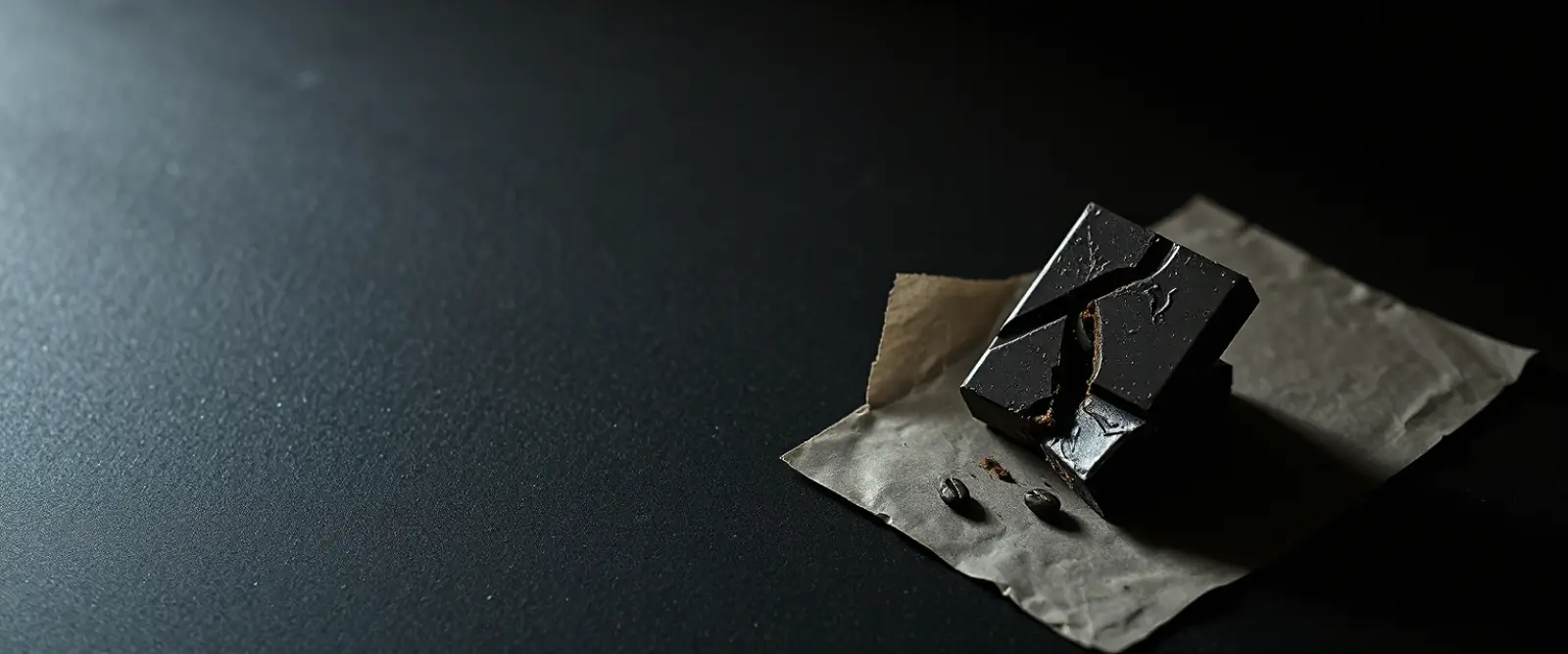 A bar of very dark chocolate broken into pieces on a sheet of matte paper.