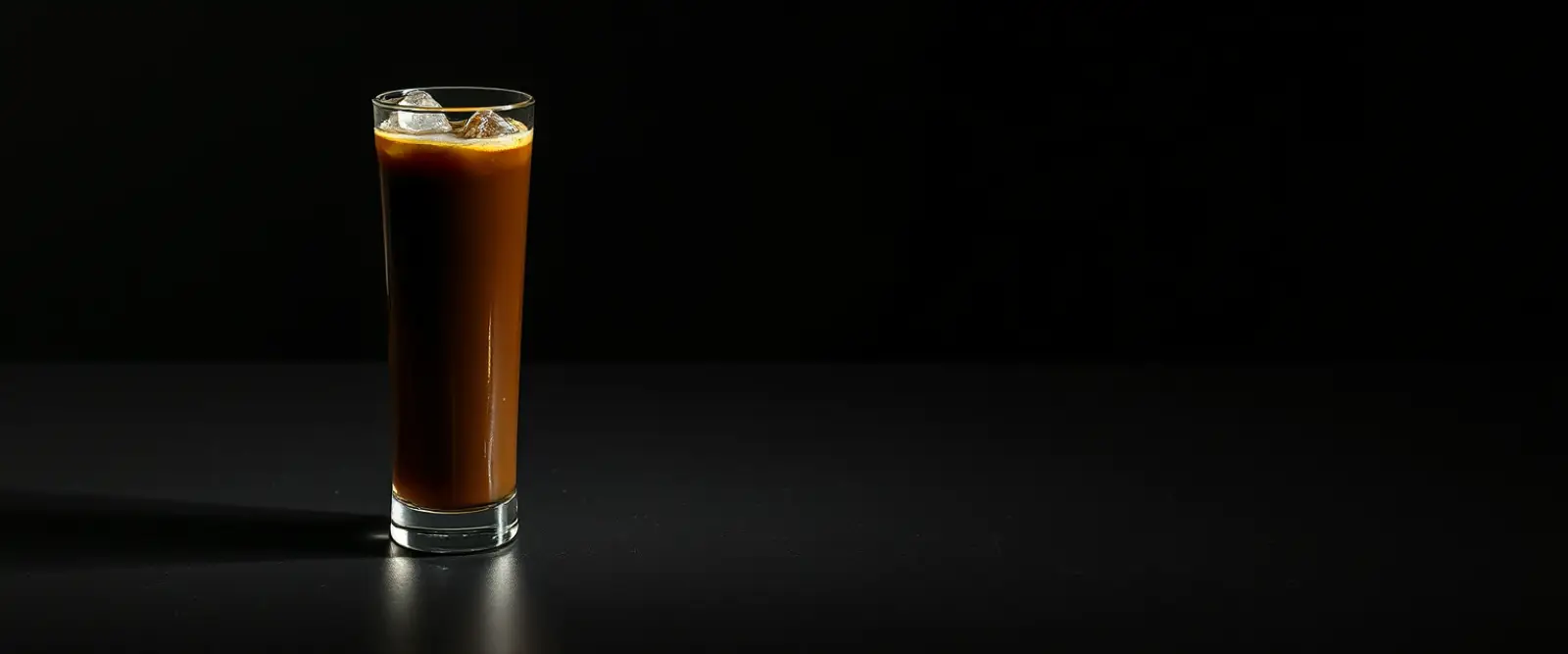 A tall glass of very dark iced coffee on a counter, beaded with condensation.