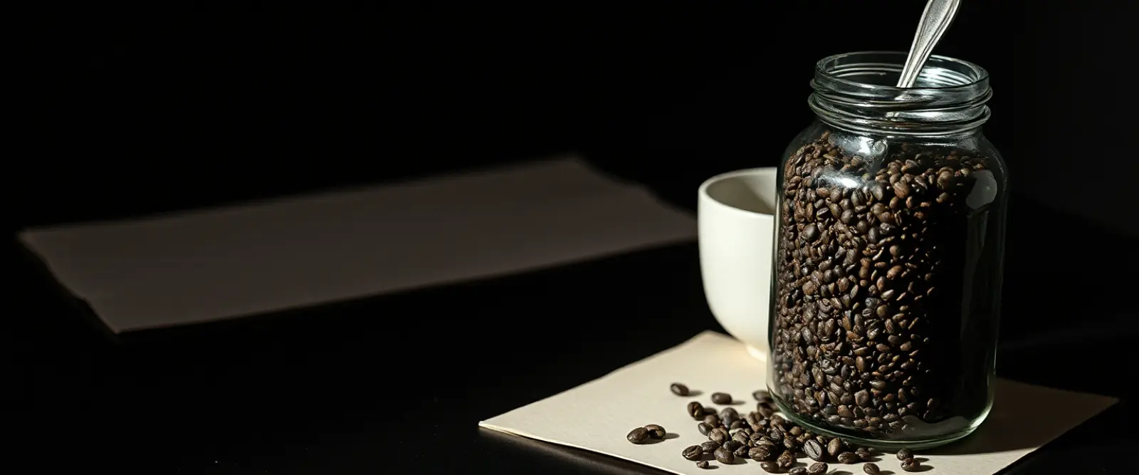 An open glass jar of dark coffee granules with a steel spoon standing in it.