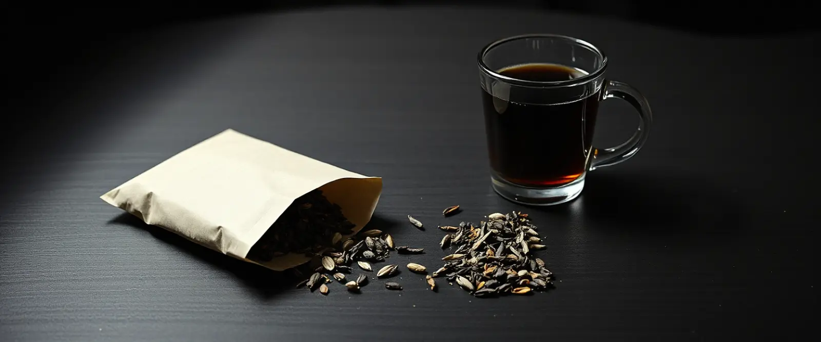 An open paper packet of loose-leaf tea spilling onto a dark table, a glass of brewed tea behind it.