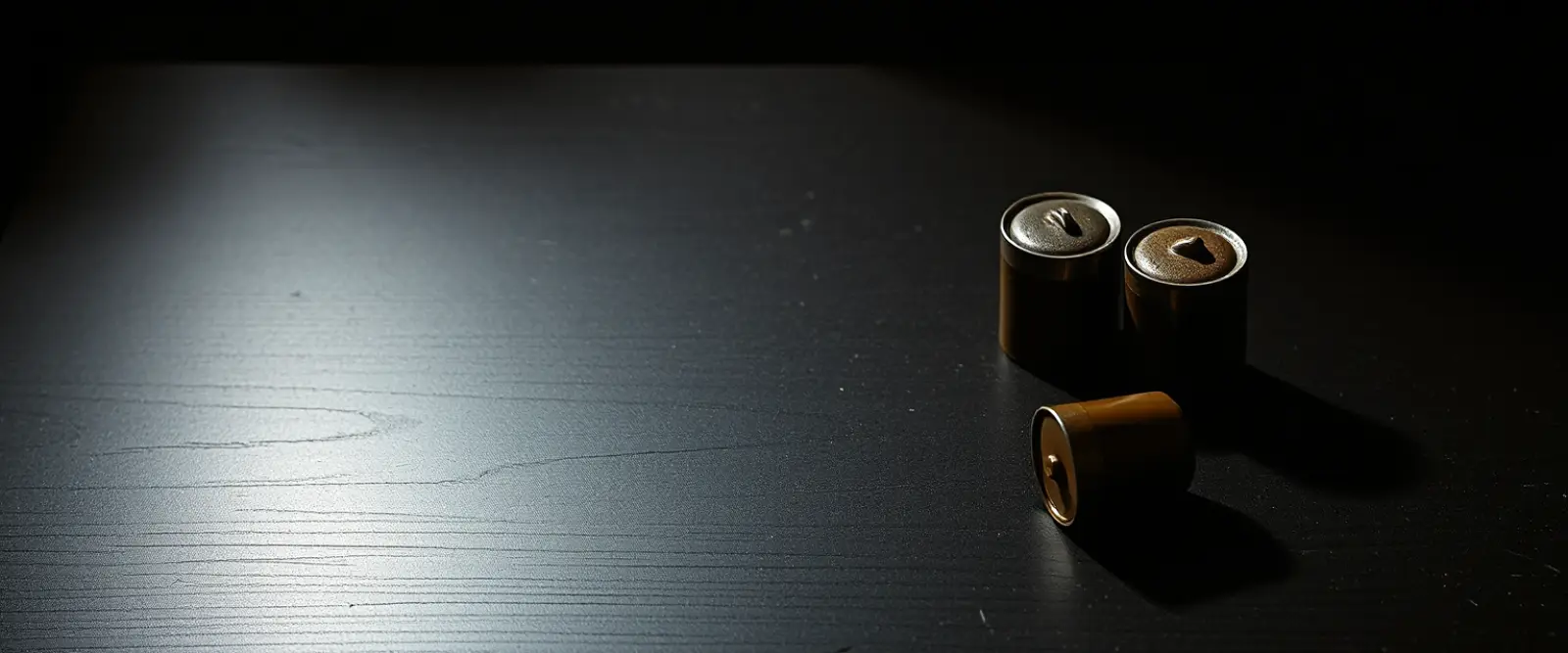 Three coffee capsules and a small dark cup on a table, lit from one side.