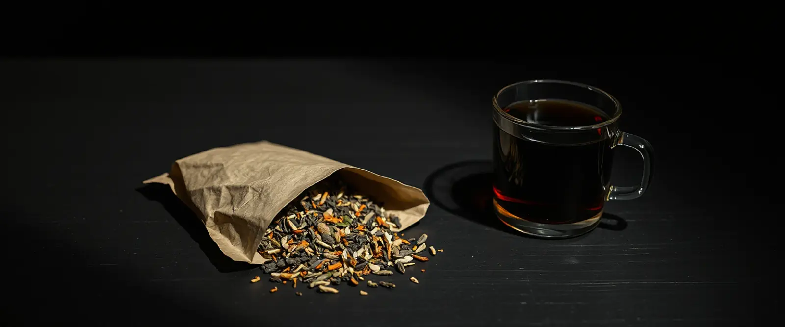 An open paper packet of loose-leaf tea spilling onto a dark table, a glass of brewed tea behind it.
